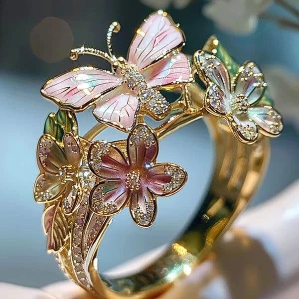 image-Adjustable Elegant Transparent Crystal 3D Shining Diamond Drop Oil Butterfly Flower Ring For Women Aesthetic Gold Plated Cute Animal Insect Fashion Jewelry