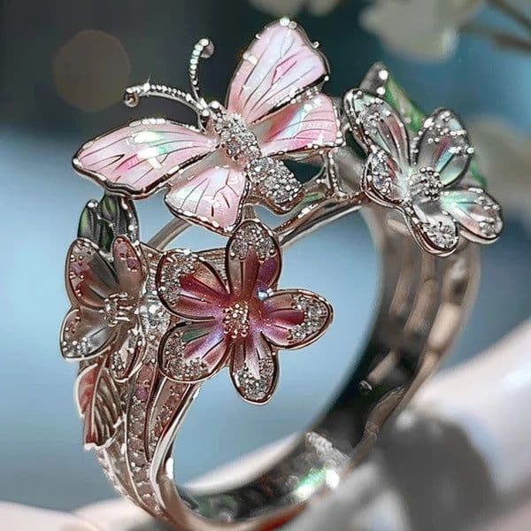 image-Adjustable Elegant Transparent Crystal 3D Shining Diamond Drop Oil Butterfly Flower Ring For Women Aesthetic Gold Plated Cute Animal Insect Fashion Jewelry