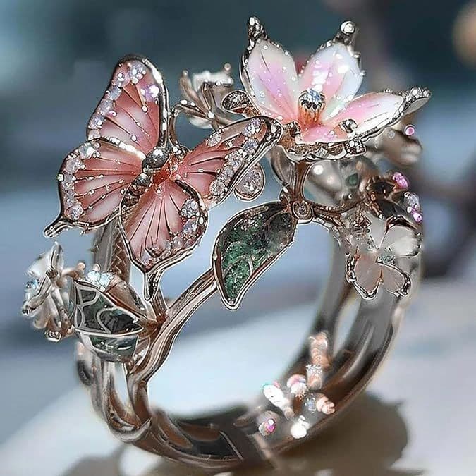 image-Adjustable Elegant Transparent Crystal 3D Shining Diamond Drop Oil Butterfly Flower Ring For Women Aesthetic Gold Plated Cute Animal Insect Fashion Jewelry