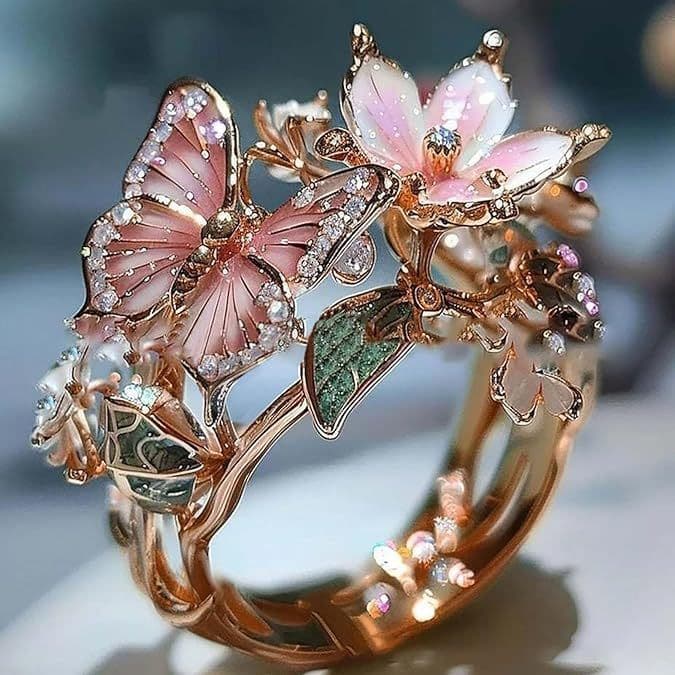 image-Adjustable Elegant Transparent Crystal 3D Shining Diamond Drop Oil Butterfly Flower Ring For Women Aesthetic Gold Plated Cute Animal Insect Fashion Jewelry