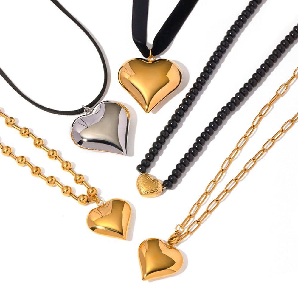 image-Gold Plated Stainless Steel Smooth Love Heart Necklace Series Hypo-Allergenic Tarnish Water Resistant Chunky Women Jewelry