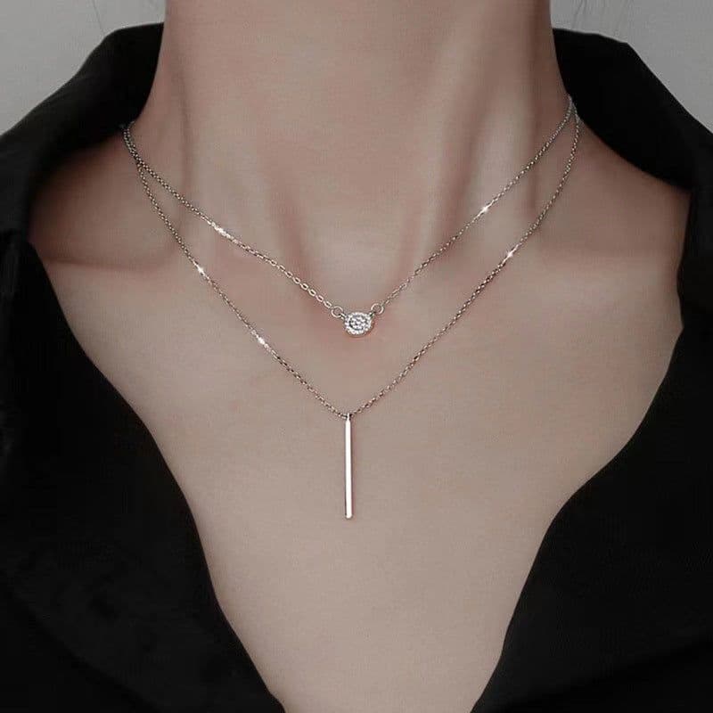 image-S925 Silver Color Double Chain Long Stick Micro Pave Zircon Round Pendant Necklaces For Women Trendy Jewelry