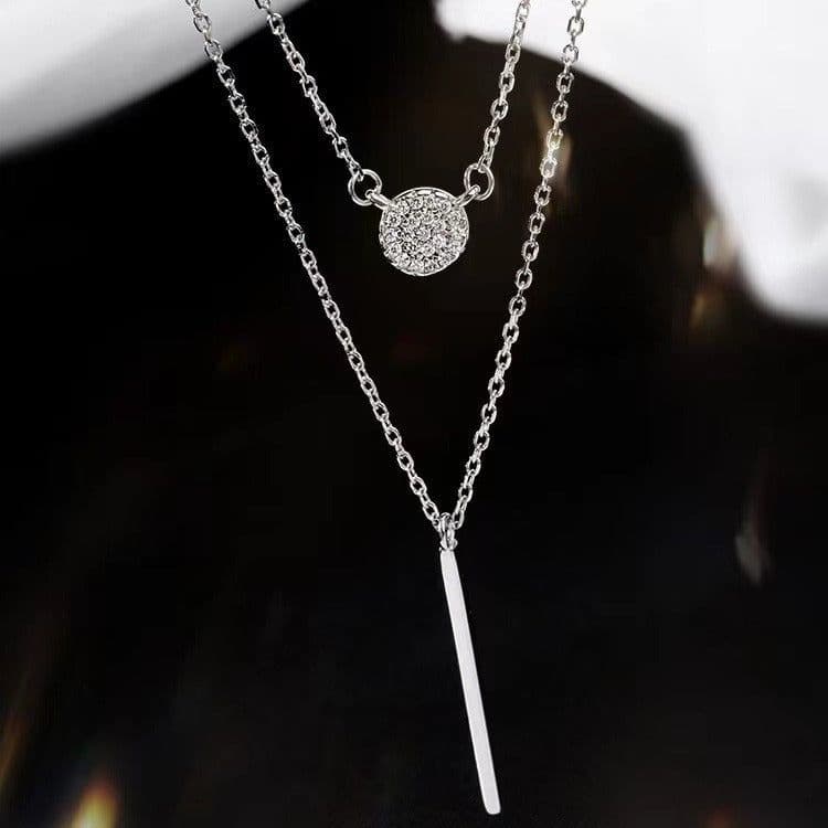 image-S925 Silver Color Double Chain Long Stick Micro Pave Zircon Round Pendant Necklaces For Women Trendy Jewelry