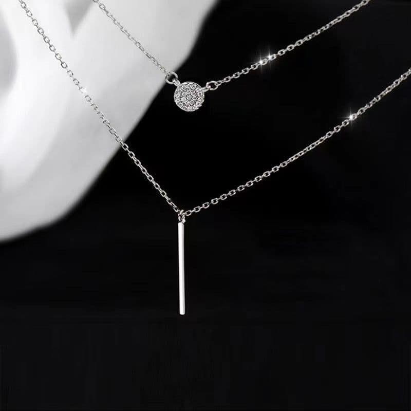 image-S925 Silver Color Double Chain Long Stick Micro Pave Zircon Round Pendant Necklaces For Women Trendy Jewelry