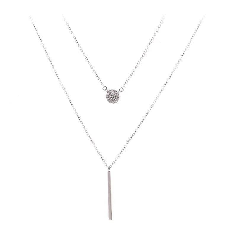 image-S925 Silver Color Double Chain Long Stick Micro Pave Zircon Round Pendant Necklaces For Women Trendy Jewelry