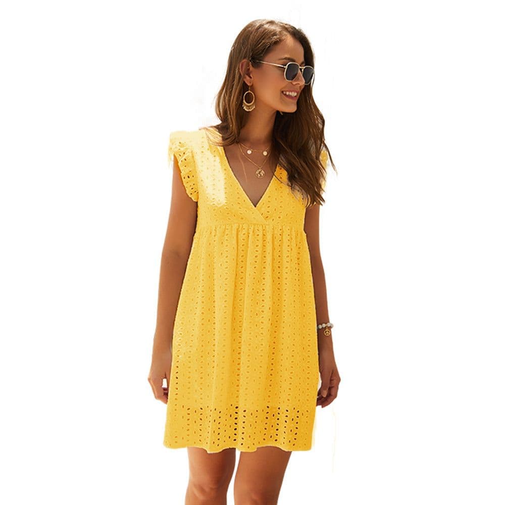 image-Summer V-neck Cotton Short Skirt Solid Color Dress
