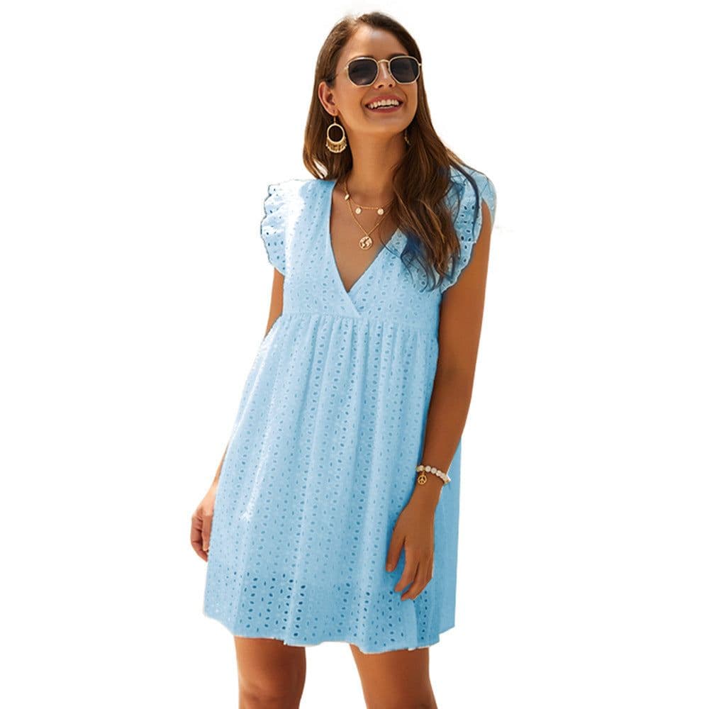 image-Summer V-neck Cotton Short Skirt Solid Color Dress