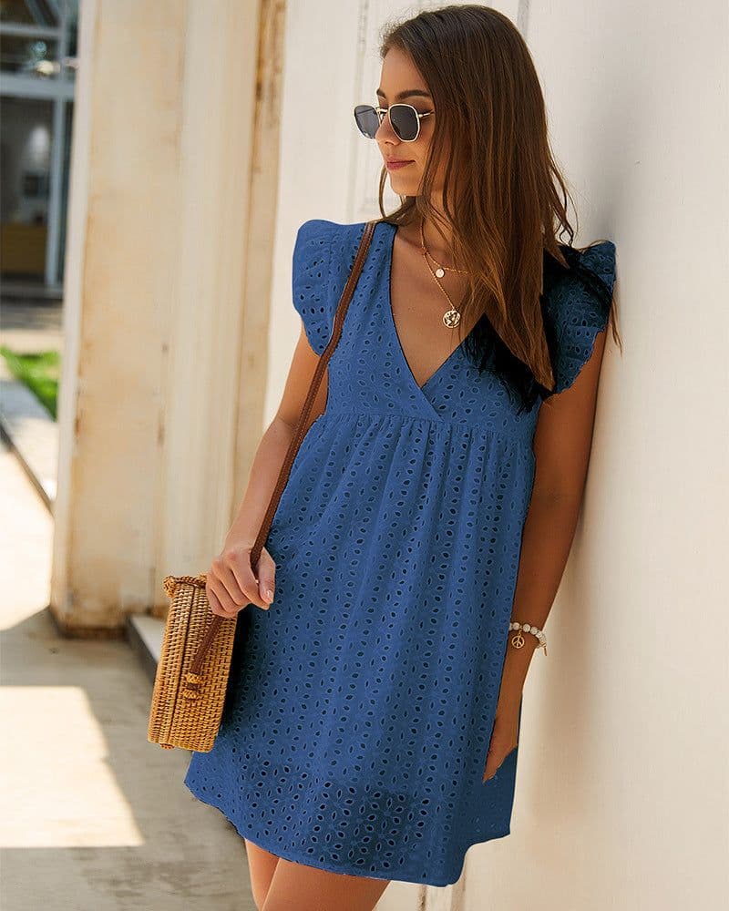image-Summer V-neck Cotton Short Skirt Solid Color Dress
