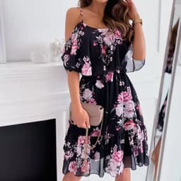 image-Flower Printed Ruffled Suspender Dress Summer Off-the-shoulder Strap Dresses Women