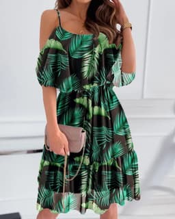 image-Flower Printed Ruffled Suspender Dress Summer Off-the-shoulder Strap Dresses Women