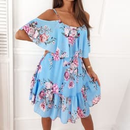 image-Flower Printed Ruffled Suspender Dress Summer Off-the-shoulder Strap Dresses Women