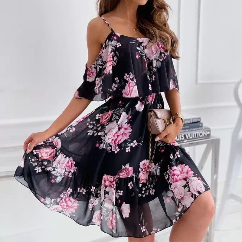 image-Flower Printed Ruffled Suspender Dress Summer Off-the-shoulder Strap Dresses Women