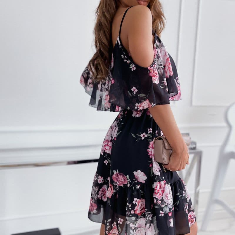 image-Flower Printed Ruffled Suspender Dress Summer Off-the-shoulder Strap Dresses Women