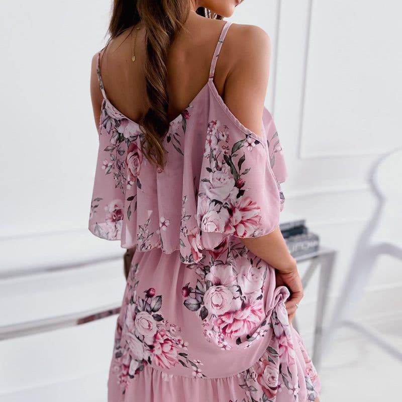 image-Flower Printed Ruffled Suspender Dress Summer Off-the-shoulder Strap Dresses Women