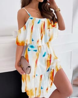 image-Flower Printed Ruffled Suspender Dress Summer Off-the-shoulder Strap Dresses Women