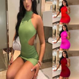 image-Women's High Neck Hollow Wrapped Breastless Back Mid Waist Pack Hip Dress