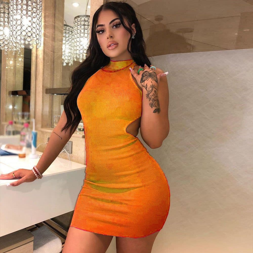 image-Women's High Neck Hollow Wrapped Breastless Back Mid Waist Pack Hip Dress