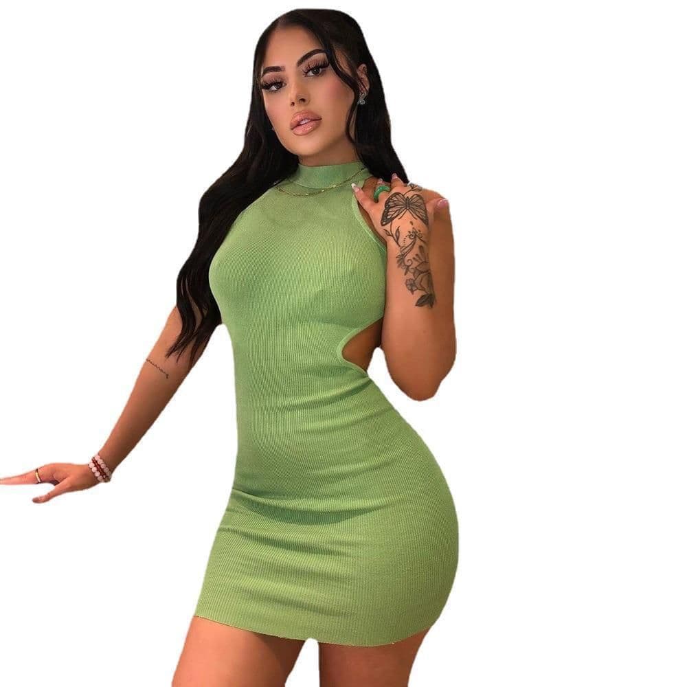 image-Women's High Neck Hollow Wrapped Breastless Back Mid Waist Pack Hip Dress