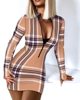 image-Autumn And Winter Women's Long-sleeved V-neck Zipper Bag Hip Tight Dress