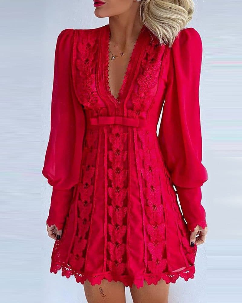 image-White Elegant Dresses Sexy V Neck Lace Dress Long Puff Sleeve Butterfly Dress For Women