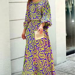 image-2pcs Women's Dress Suits Fashion Loose Printed Long Sleeve Top And High Waist Long Skirt