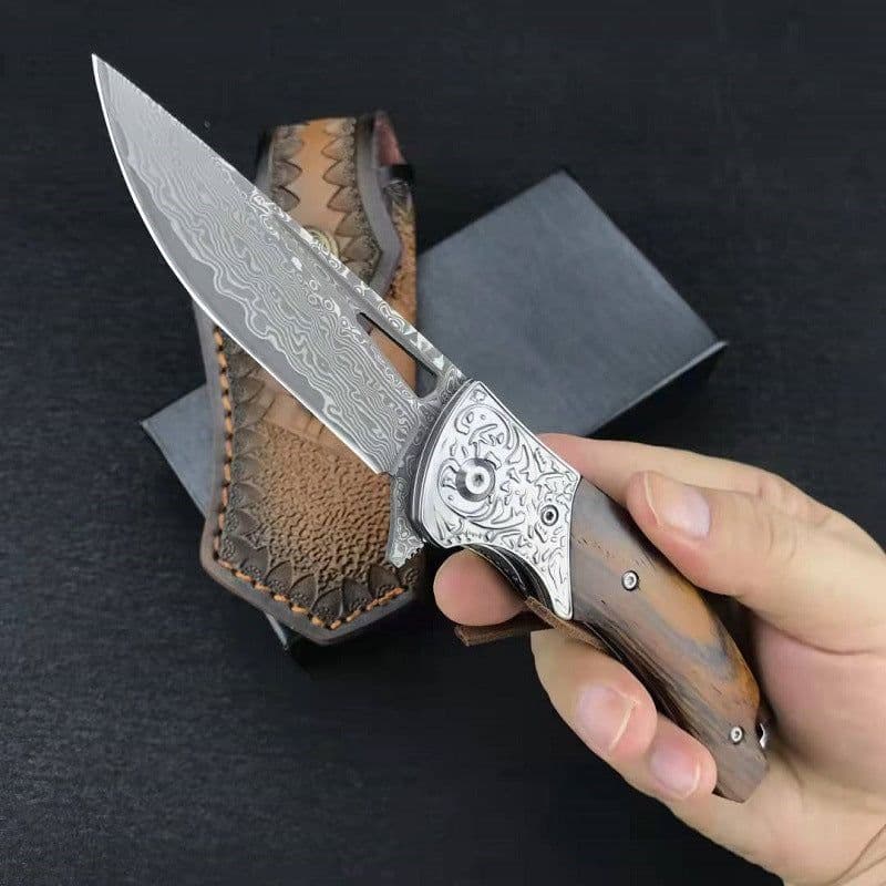 image-Floral Damascus Steel Cowhide Carved Holster Outdoor