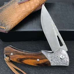 image-Floral Damascus Steel Cowhide Carved Holster Outdoor