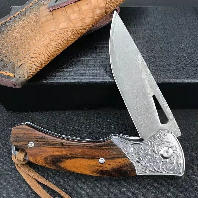 image-Floral Damascus Steel Cowhide Carved Holster Outdoor