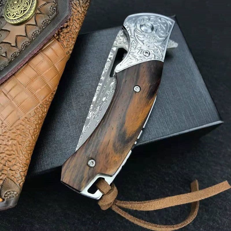 image-Floral Damascus Steel Cowhide Carved Holster Outdoor