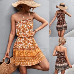image-Women's Bohemian Floral Print Strapless Dress Summer Beach Dress