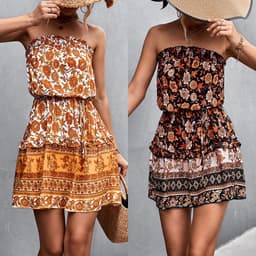image-Women's Bohemian Floral Print Strapless Dress Summer Beach Dress