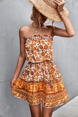 image-Women's Bohemian Floral Print Strapless Dress Summer Beach Dress