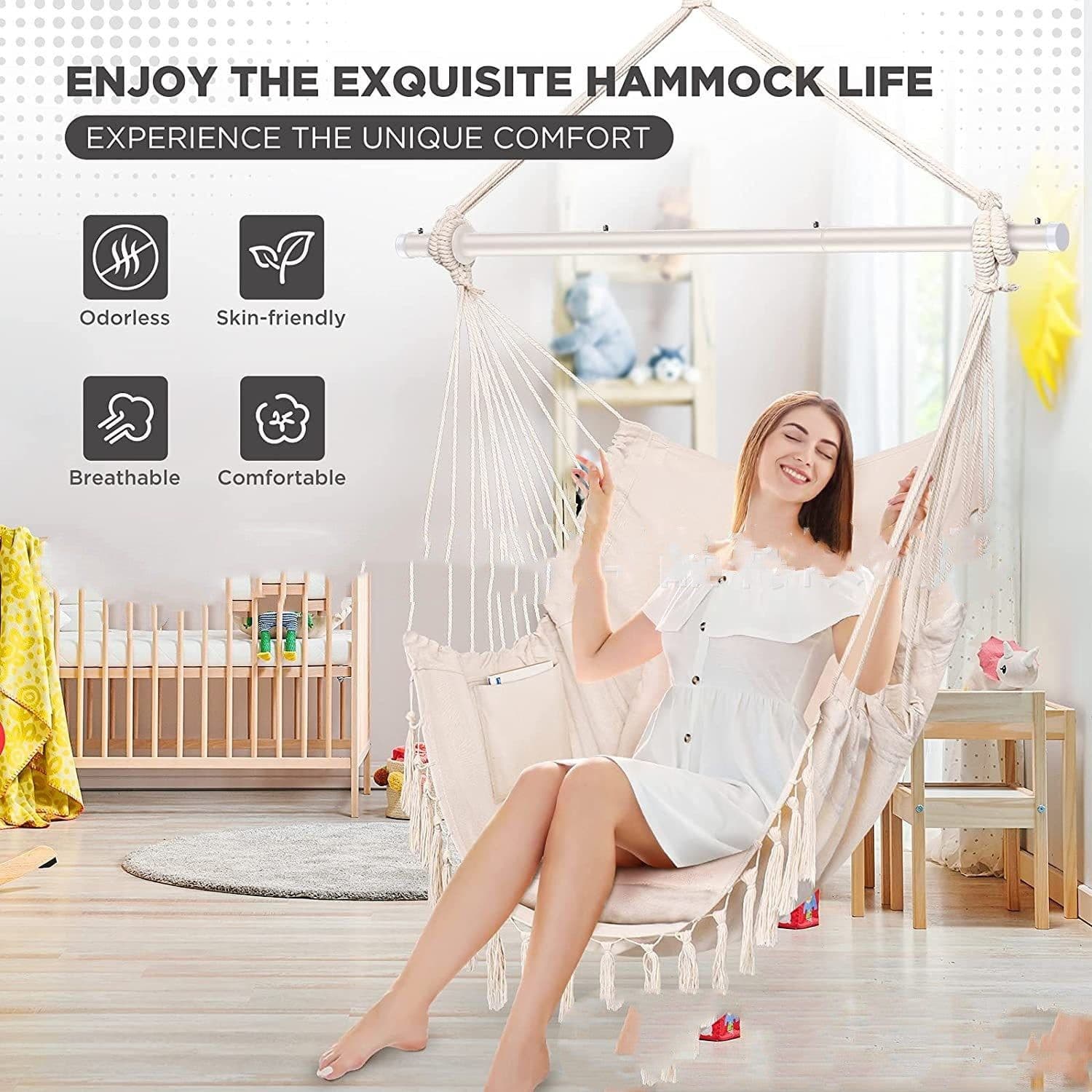 image-Folding Reinforced Iron Pipe Outdoor Hammock Anti-rollover Bedroom Swing Hanging Chair