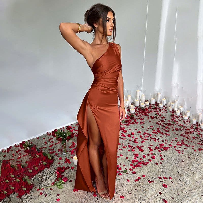 image-Sexy One-shoulder Backless Split Dress Summer Elegant Slim-fit Solid Color Satin Dresses For Women
