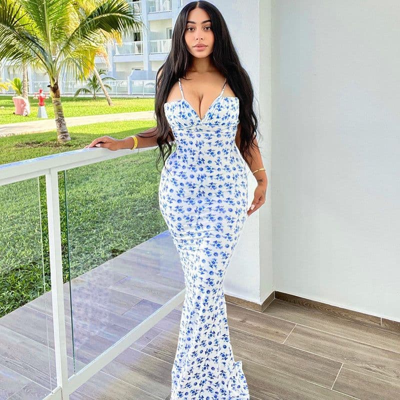 image-Fashion Flowers Print Suspender Long Dress Summer Lace-up Slim Backless Dresses For Women