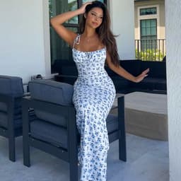 image-Fashion Flowers Print Suspender Long Dress Summer Lace-up Slim Backless Dresses For Women