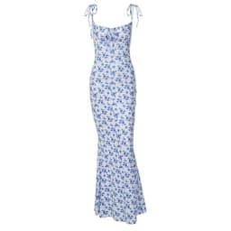 image-Fashion Flowers Print Suspender Long Dress Summer Lace-up Slim Backless Dresses For Women