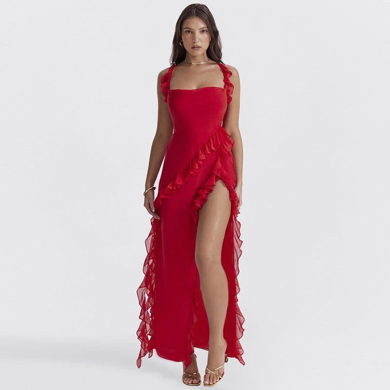 image-Ruffle Thigh High Split Dress Women Sexy Spaghetti Strap Square Neck Backless Suspender Dresses For Evening Praty Clothing