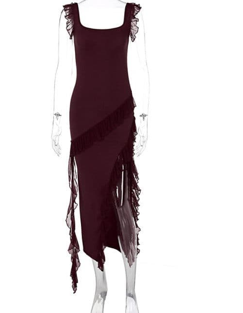 image-Ruffle Thigh High Split Dress Women Sexy Spaghetti Strap Square Neck Backless Suspender Dresses For Evening Praty Clothing
