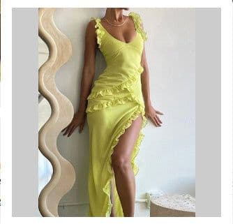 image-Ruffle Thigh High Split Dress Women Sexy Spaghetti Strap Square Neck Backless Suspender Dresses For Evening Praty Clothing
