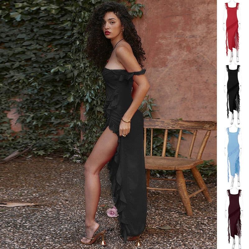 image-Ruffle Thigh High Split Dress Women Sexy Spaghetti Strap Square Neck Backless Suspender Dresses For Evening Praty Clothing