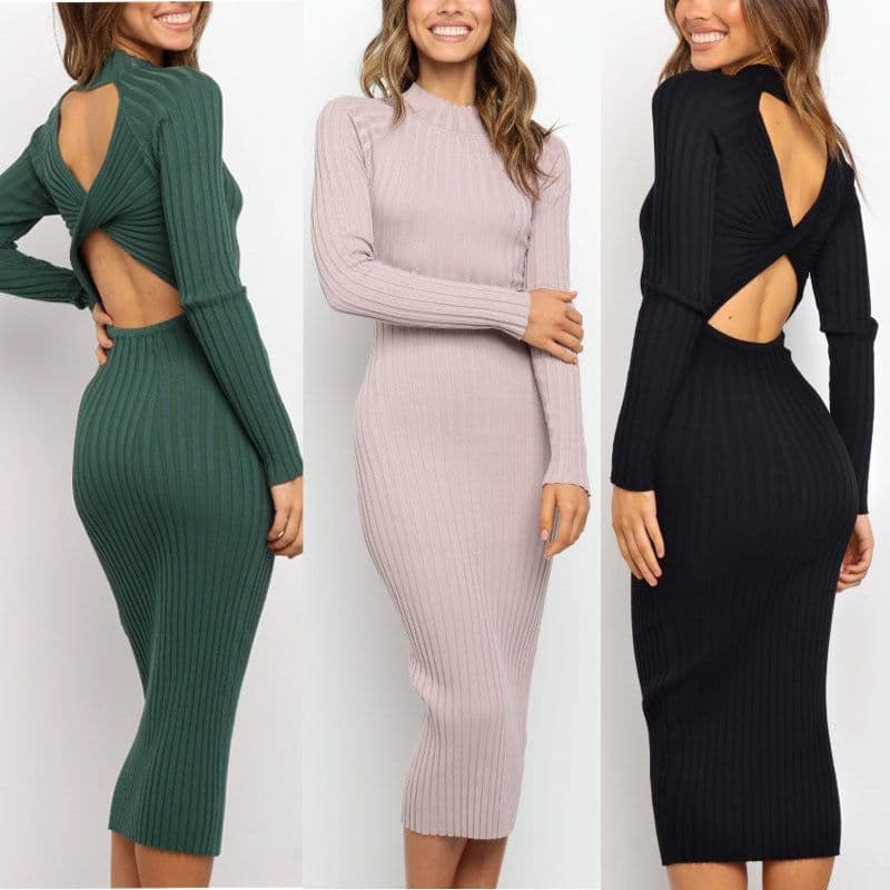 image-New Style Women's Suits Sweater Dresses Women's Solid Color Backless Bow Tight Dresses