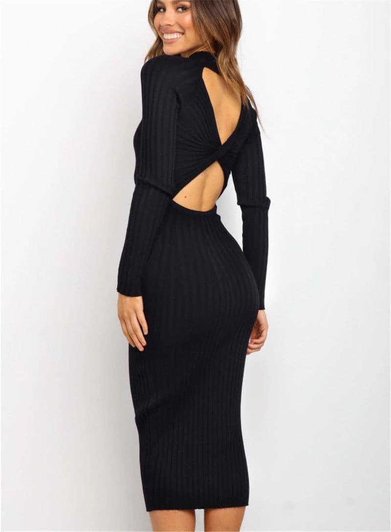 image-New Style Women's Suits Sweater Dresses Women's Solid Color Backless Bow Tight Dresses