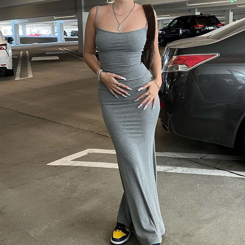 image-Spaghetti Strap Long Dress Women Sexy Slim Skinny Bodycon Party Club Suspender Casual Street Dresses