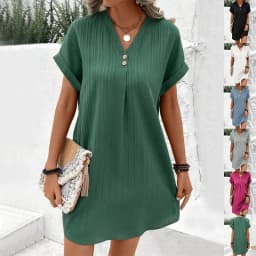 image-Fashion V-neck Short-sleeved Dress Casual Solid Strip Button Dresses Womens Clothing
