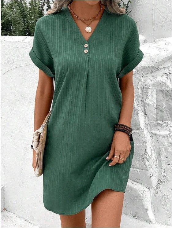 image-Fashion V-neck Short-sleeved Dress Casual Solid Strip Button Dresses Womens Clothing