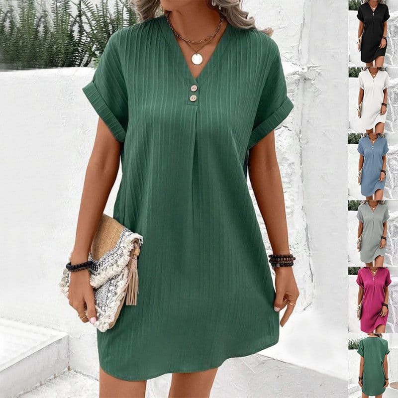 image-Fashion V-neck Short-sleeved Dress Casual Solid Strip Button Dresses Womens Clothing