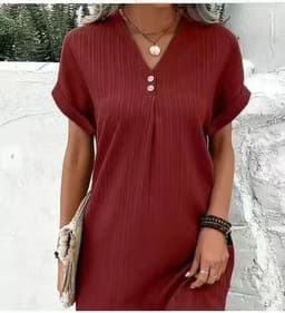 image-Fashion V-neck Short-sleeved Dress Casual Solid Strip Button Dresses Womens Clothing