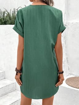 image-Fashion V-neck Short-sleeved Dress Casual Solid Strip Button Dresses Womens Clothing
