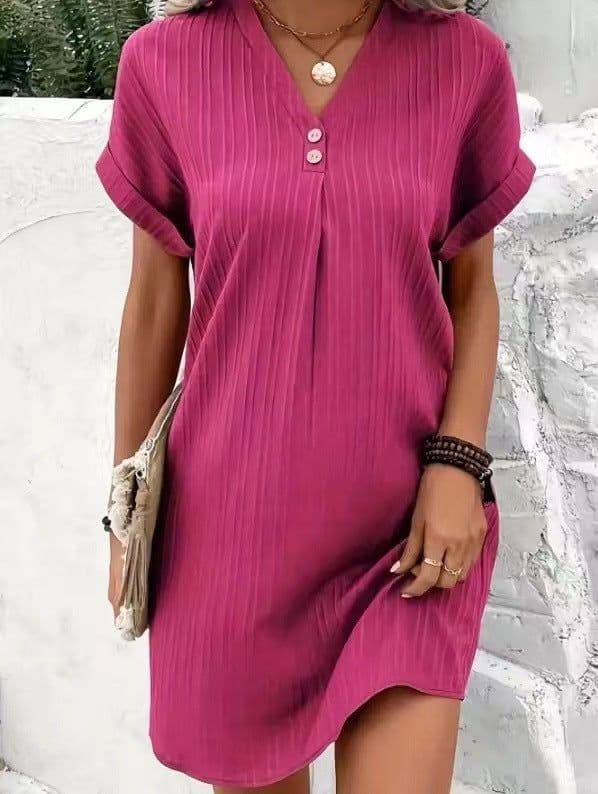 image-Fashion V-neck Short-sleeved Dress Casual Solid Strip Button Dresses Womens Clothing